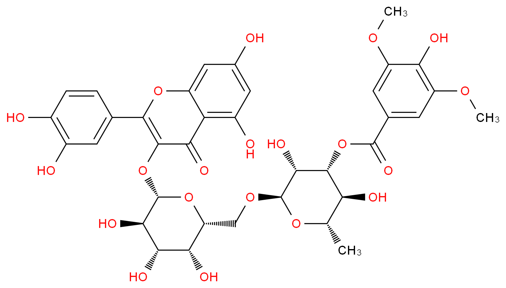 (2R,3R,4R,5S,6S)-2-{[(2R,3R,4S,5R,6S)-6-{[2-(3,4-dihydroxyphenyl)-5,7-dihydroxy-4-oxo-4H-chromen-3-yl]oxy}-3,4,5-trihydroxyoxan-2-yl]methoxy}-3,5-dihydroxy-6-methyloxan-4-yl 4-hydroxy-3,5-dimethoxybenzoate_分子结构_CAS_852638-61-0