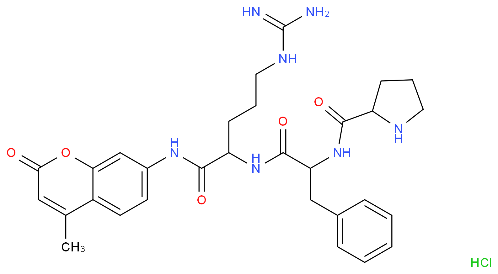 5-carbamimidamido-N-(4-methyl-2-oxo-2H-chromen-7-yl)-2-[3-phenyl-2-(pyrrolidin-2-ylformamido)propanamido]pentanamide hydrochloride_分子结构_CAS_65147-21-9