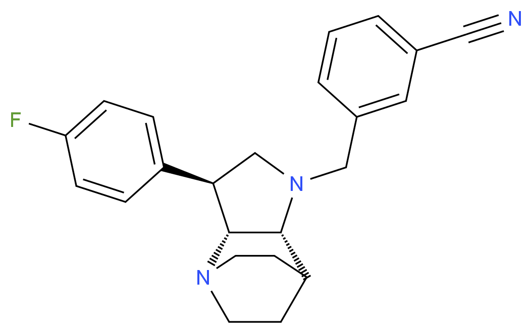 3-{[(2R*,3S*,6R*)-3-(4-fluorophenyl)-1,5-diazatricyclo[5.2.2.0~2,6~]undec-5-yl]methyl}benzonitrile_分子结构_CAS_)