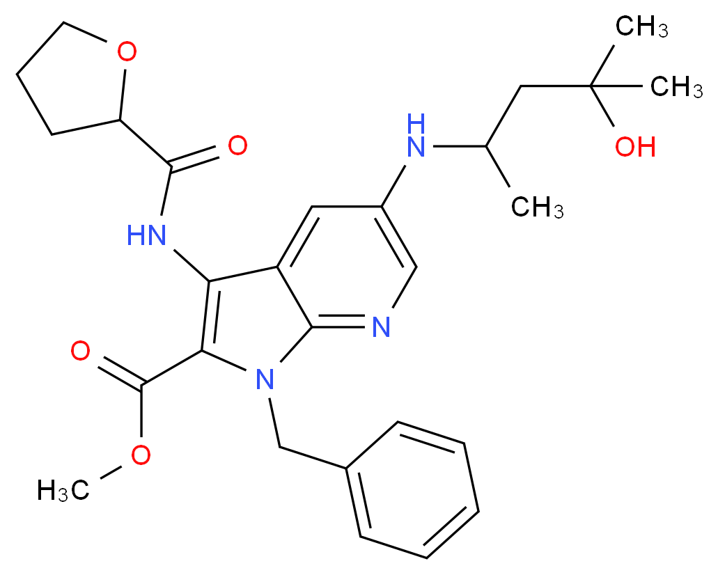 methyl 1-benzyl-5-[(3-hydroxy-1,3-dimethylbutyl)amino]-3-[(tetrahydro-2-furanylcarbonyl)amino]-1H-pyrrolo[2,3-b]pyridine-2-carboxylate_分子结构_CAS_)