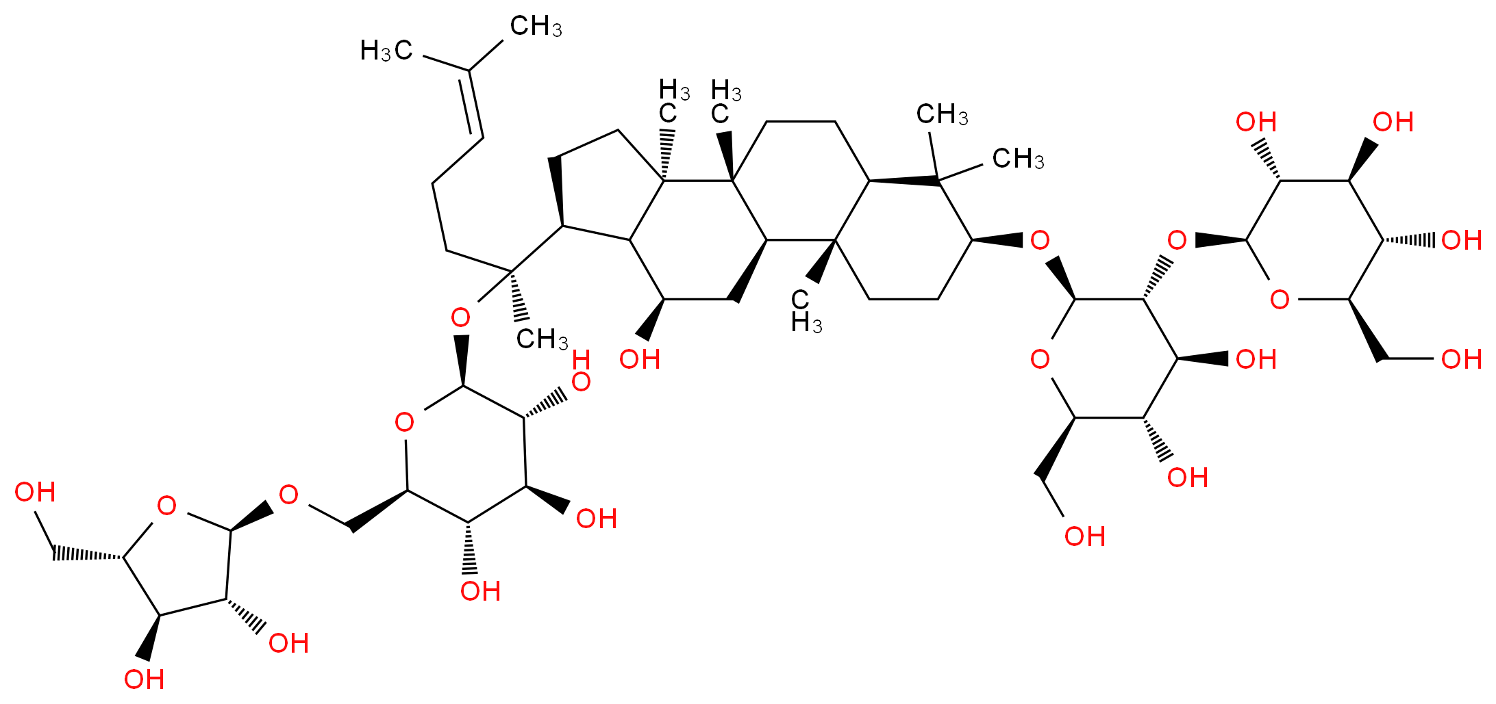 (2S,3R,4S,5S,6R)-2-{[(2R,3R,4S,5S,6R)-2-{[(1R,2R,5S,7R,10R,11R,14S,15R,16R)-14-[(2S)-2-{[(2S,3R,4S,5S,6R)-6-({[(2R,3R,4R,5S)-3,4-dihydroxy-5-(hydroxymethyl)oxolan-2-yl]oxy}methyl)-3,4,5-trihydroxyoxan-2-yl]oxy}-6-methylhept-5-en-2-yl]-16-hydroxy-2,6,6,10,11-pentamethyltetracyclo[8.7.0.0^{2,7}.0^{11,15}]heptadecan-5-yl]oxy}-4,5-dihydroxy-6-(hydroxymethyl)oxan-3-yl]oxy}-6-(hydroxymethyl)oxane-3,4,5-triol_分子结构_CAS_11021-14-0