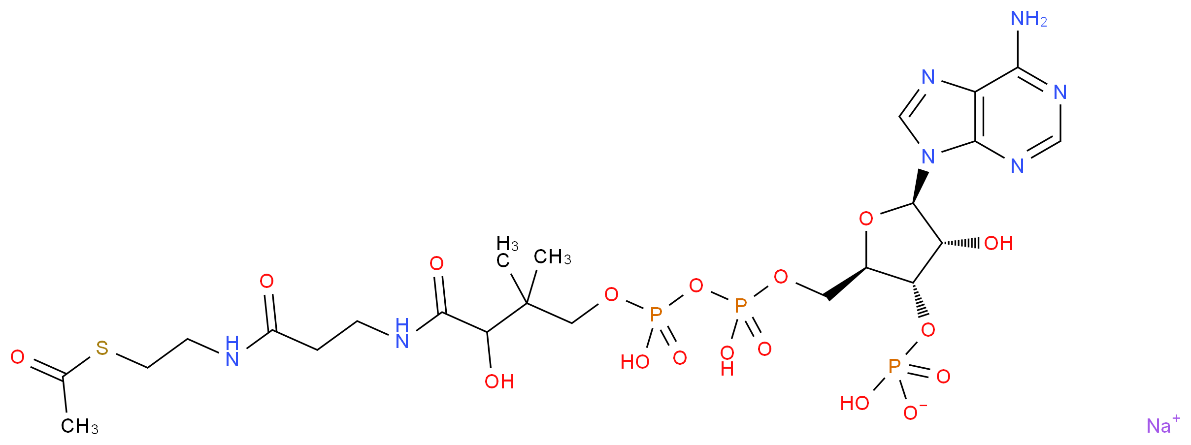 sodium (2R,3S,4R,5R)-2-[({[({3-[(2-{[2-(acetylsulfanyl)ethyl]carbamoyl}ethyl)carbamoyl]-3-hydroxy-2,2-dimethylpropoxy}(hydroxy)phosphoryl)oxy](hydroxy)phosphoryl}oxy)methyl]-5-(6-amino-9H-purin-9-yl)-4-hydroxyoxolan-3-yl hydrogen phosphate_分子结构_CAS_102029-73-2