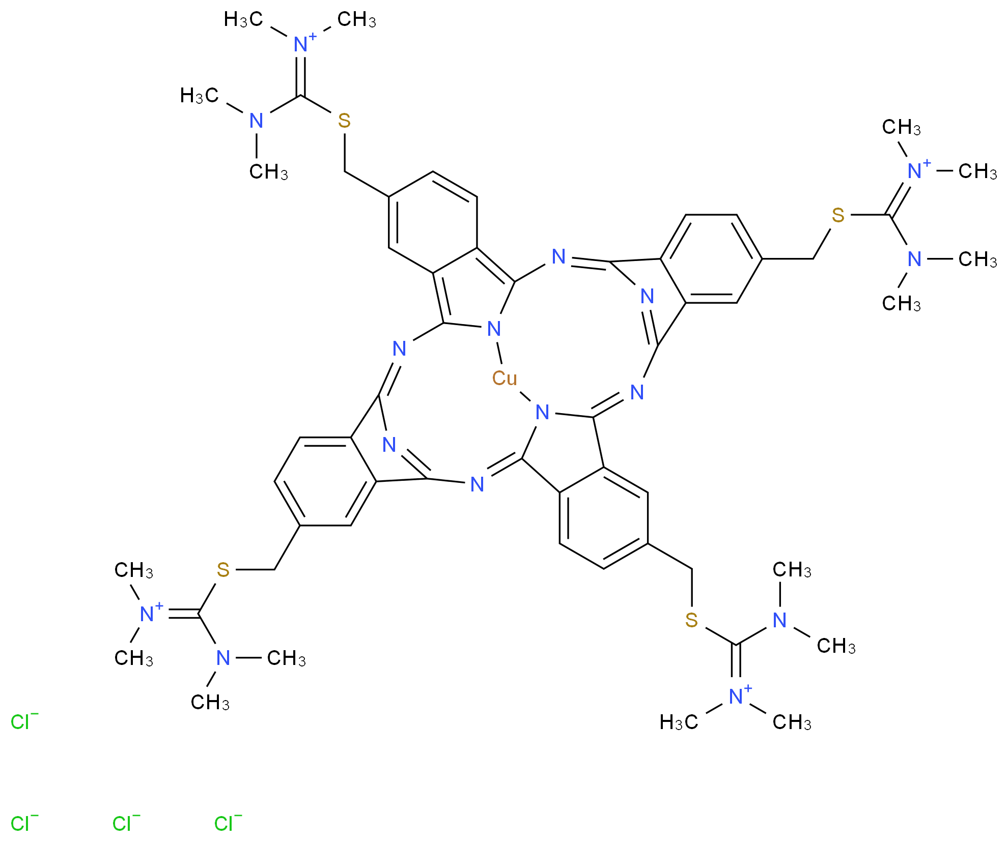 [(dimethylamino)({[14,22,31-tris({[(dimethylamino)(dimethyliminiumyl)methyl]sulfanyl}methyl)-9,18,27,36,37,39,40,41-octaaza-38-cupradecacyclo[17.17.3.1^{10,17}.1^{28,35}.0^{2,7}.0^{8,37}.0^{11,16}.0^{20,25}.0^{26,39}.0^{29,34}]hentetraconta-1(36),2,4,6,8,10(41),11,13,15,17,19,21,23,25,27,29,31,33,35(40)-nonadecaen-4-yl]methyl}sulfanyl)methylidene]dimethylazanium tetrachloride_分子结构_CAS_33864-99-2