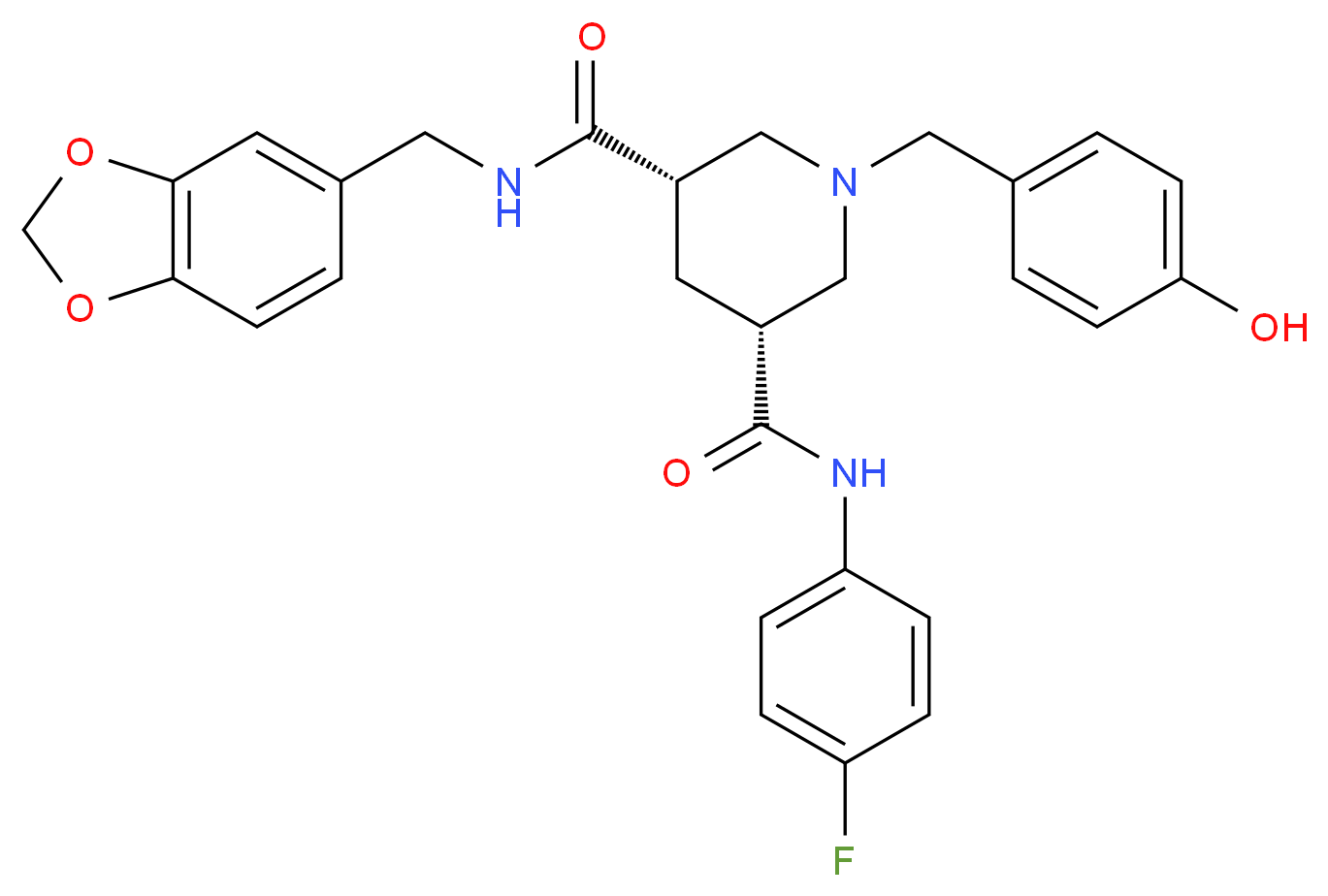 (3S,5R)-N-(1,3-benzodioxol-5-ylmethyl)-N'-(4-fluorophenyl)-1-(4-hydroxybenzyl)-3,5-piperidinedicarboxamide_分子结构_CAS_)