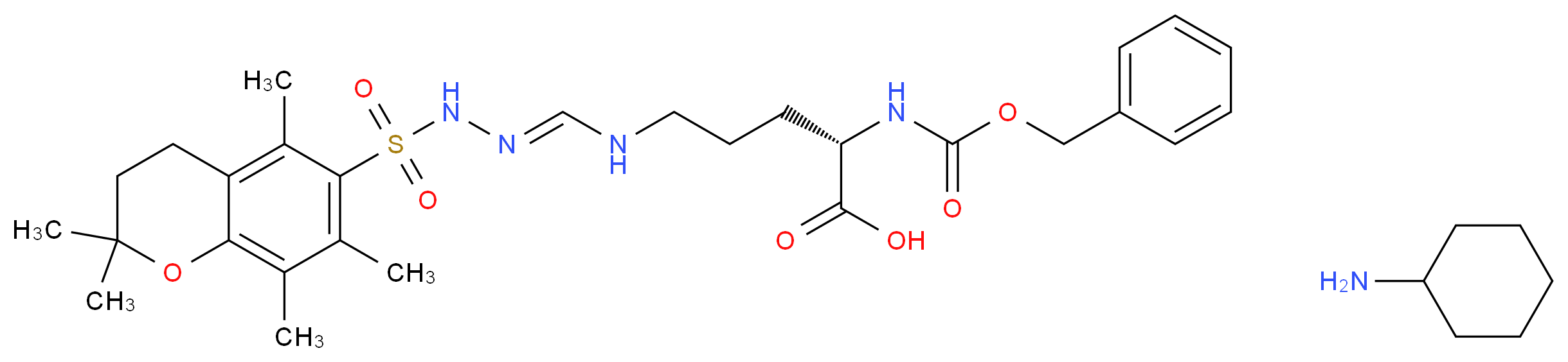 (2S)-2-{[(benzyloxy)carbonyl]amino}-5-{[(1E)-[(2,2,5,7,8-pentamethyl-3,4-dihydro-2H-1-benzopyran-6-sulfonamido)imino]methyl]amino}pentanoic acid; cyclohexanamine_分子结构_CAS_112160-33-5