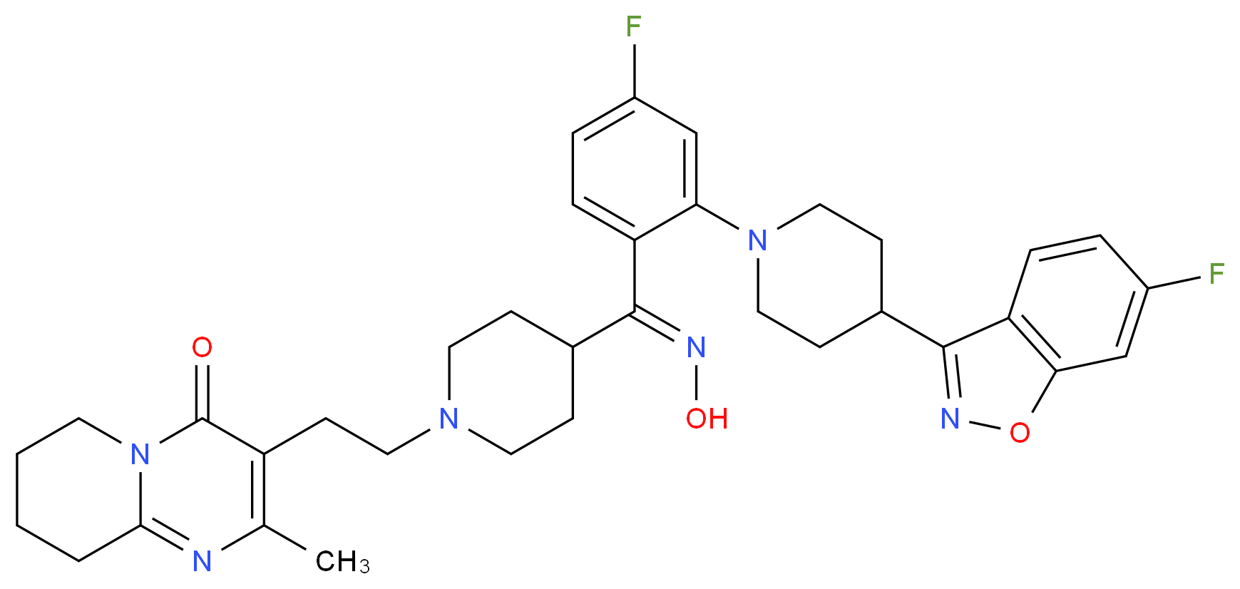 3-[2-[4-[(Z)-(4-Fluoro-2-[4-(6-fluoro-1,2-benzisoxazol-3-yl)piperidin-1-yl)phenyl](hydroxyimino)methyl]piperidin-1-yl]ethyl]-2-methyl-6,7,8,9-tetrahydro-4H-pyrido[1,2-a]pyrimidin-4-one(Risperidone Impurity)_分子结构_CAS_1346606-24-3)