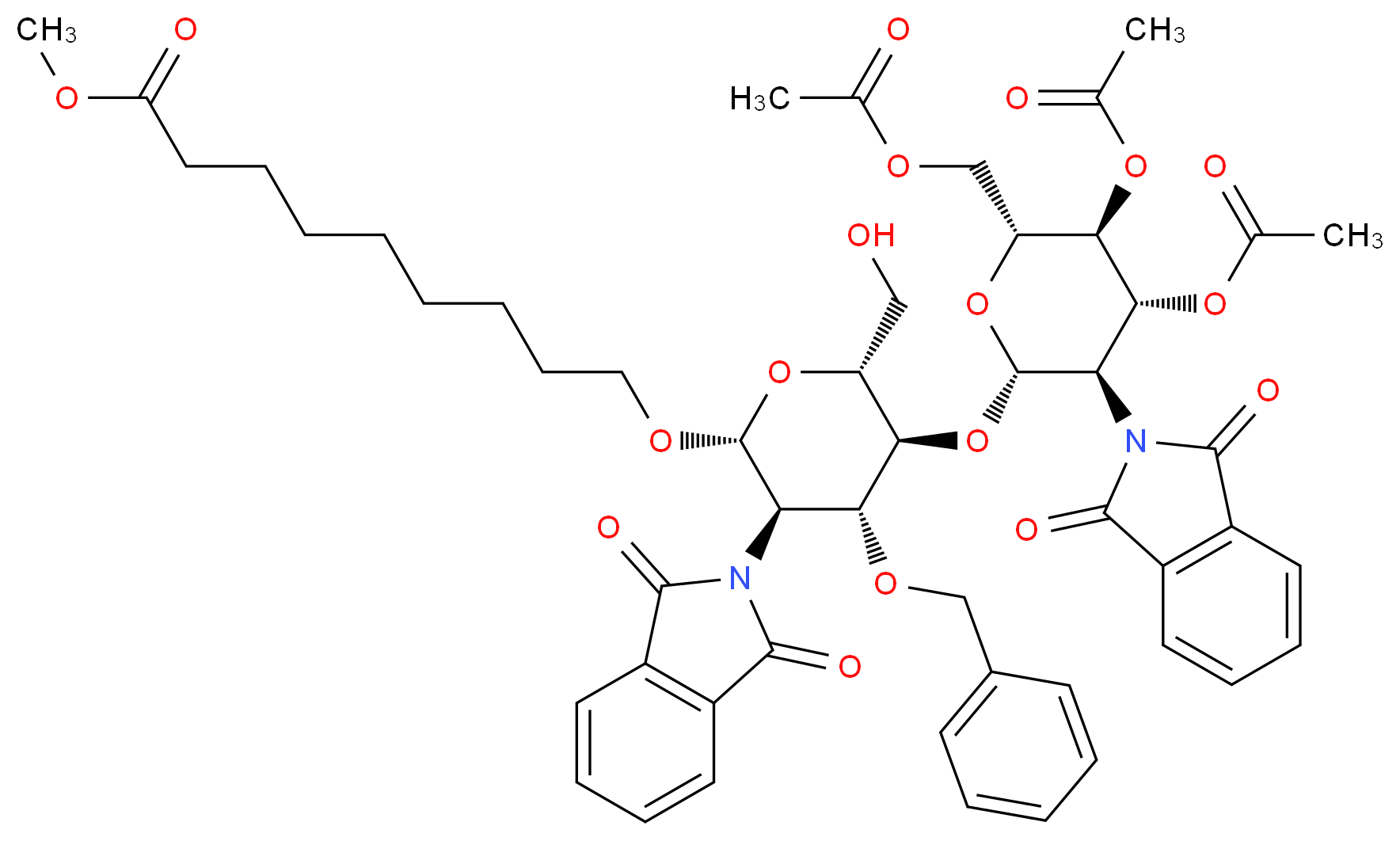 8-Methoxycarbonyloctyl-2-deoxy-2-phthalimido-3-O-benzyl-4-O-(3',4',6'-tri-O-acetyl-2'-deoxy-2'-phthalimido-β-D-glucopyranosyl)-β-D-glucopyranoside_分子结构_CAS_106445-30-1)