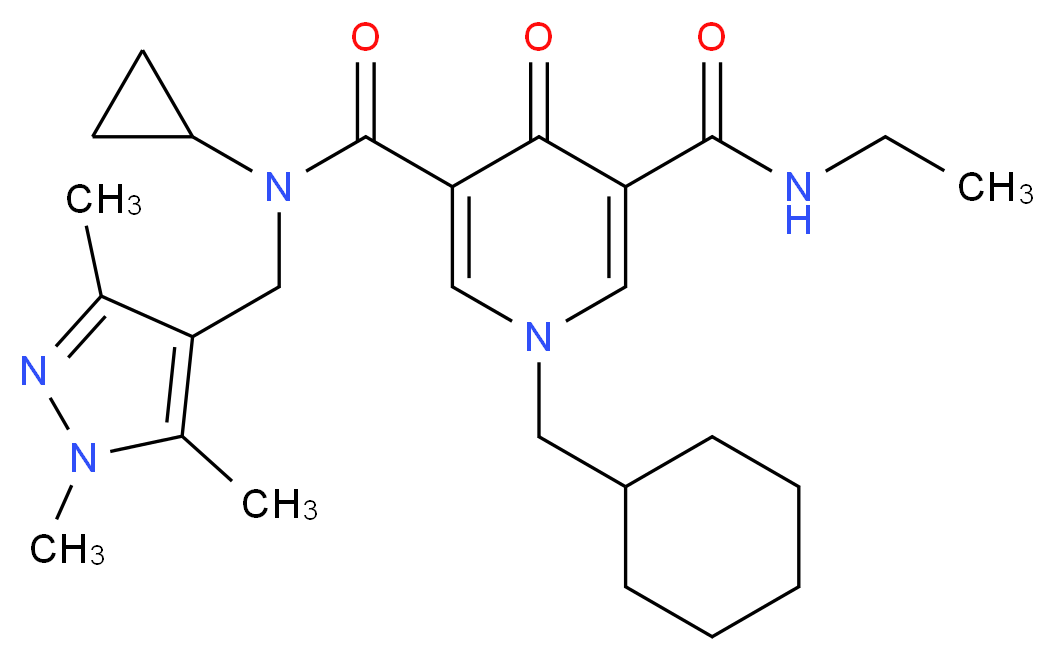 1-(cyclohexylmethyl)-N-cyclopropyl-N'-ethyl-4-oxo-N-[(1,3,5-trimethyl-1H-pyrazol-4-yl)methyl]-1,4-dihydro-3,5-pyridinedicarboxamide_分子结构_CAS_)