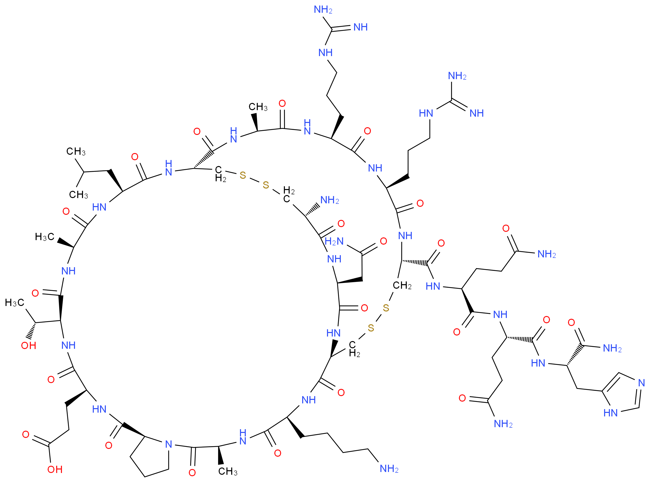 3-[(1R,4S,7S,13S,16S,19S,22S,25S,28R,31S,34S,37S,40R,47S,50R)-50-amino-4-(4-aminobutyl)-34,37-bis(3-carbamimidamidopropyl)-40-{[(1S)-3-carbamoyl-1-{[(1S)-3-carbamoyl-1-{[(1S)-1-carbamoyl-2-(1H-imidazol-5-yl)ethyl]carbamoyl}propyl]carbamoyl}propyl]carbamoyl}-47-(carbamoylmethyl)-19-[(1R)-1-hydroxyethyl]-7,22,31-trimethyl-25-(2-methylpropyl)-2,5,8,14,17,20,23,26,29,32,35,38,46,49-tetradecaoxo-42,43,52,53-tetrathia-3,6,9,15,18,21,24,27,30,33,36,39,45,48-tetradecaazatricyclo[26.16.10.0<sup>9</sup>,<sup>1</sup><sup>3</sup>]tetrapentacontan-16-yl]propanoic acid_分子结构_CAS_24345-16-2