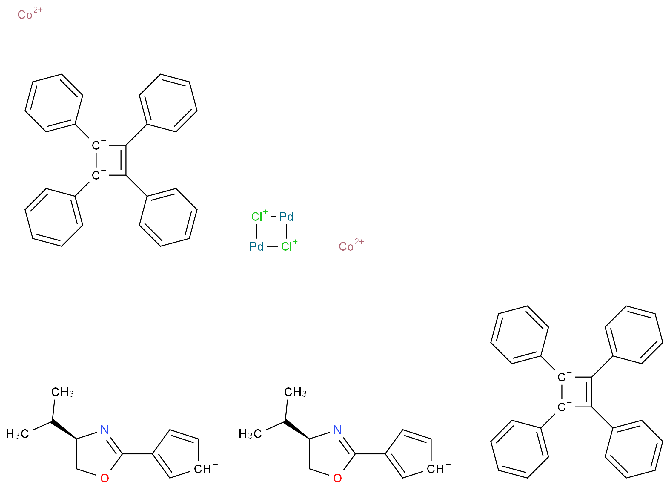 bis(λ<sup>2</sup>-cobalt(2+) ion) bis(3-[(4R)-4-(propan-2-yl)-4,5-dihydro-1,3-oxazol-2-yl]cyclopenta-2,4-dien-1-ide) cyclodipalladachlorane-1,3-bis(ylium) bis(tetraphenylcyclobut-3-ene-1,2-diide)_分子结构_CAS_612065-01-7