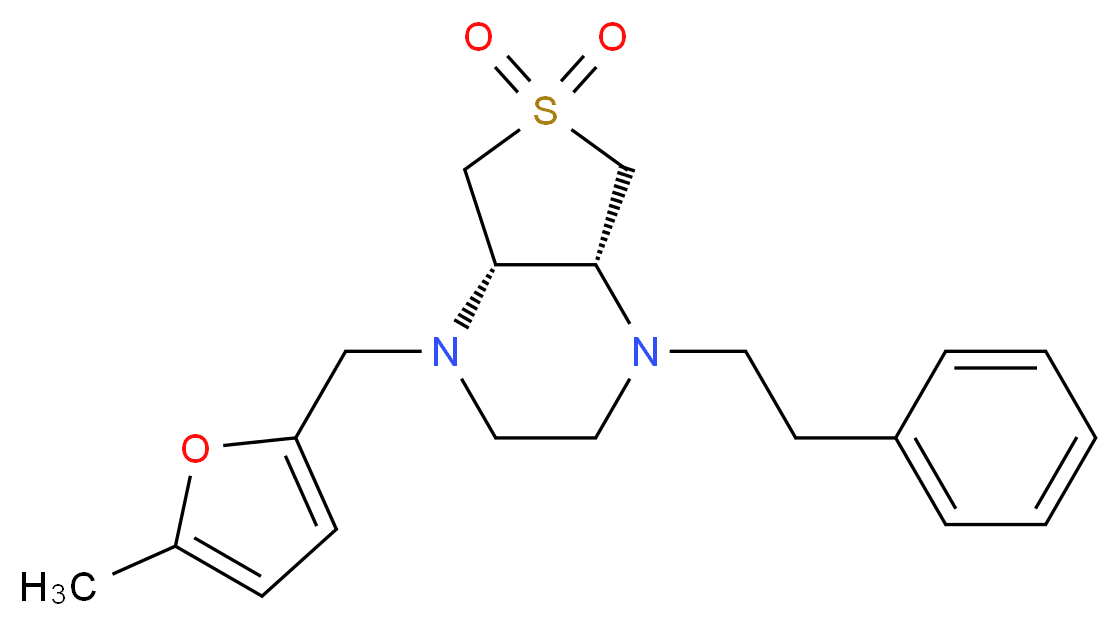(4aR*,7aS*)-1-[(5-methyl-2-furyl)methyl]-4-(2-phenylethyl)octahydrothieno[3,4-b]pyrazine 6,6-dioxide_分子结构_CAS_)