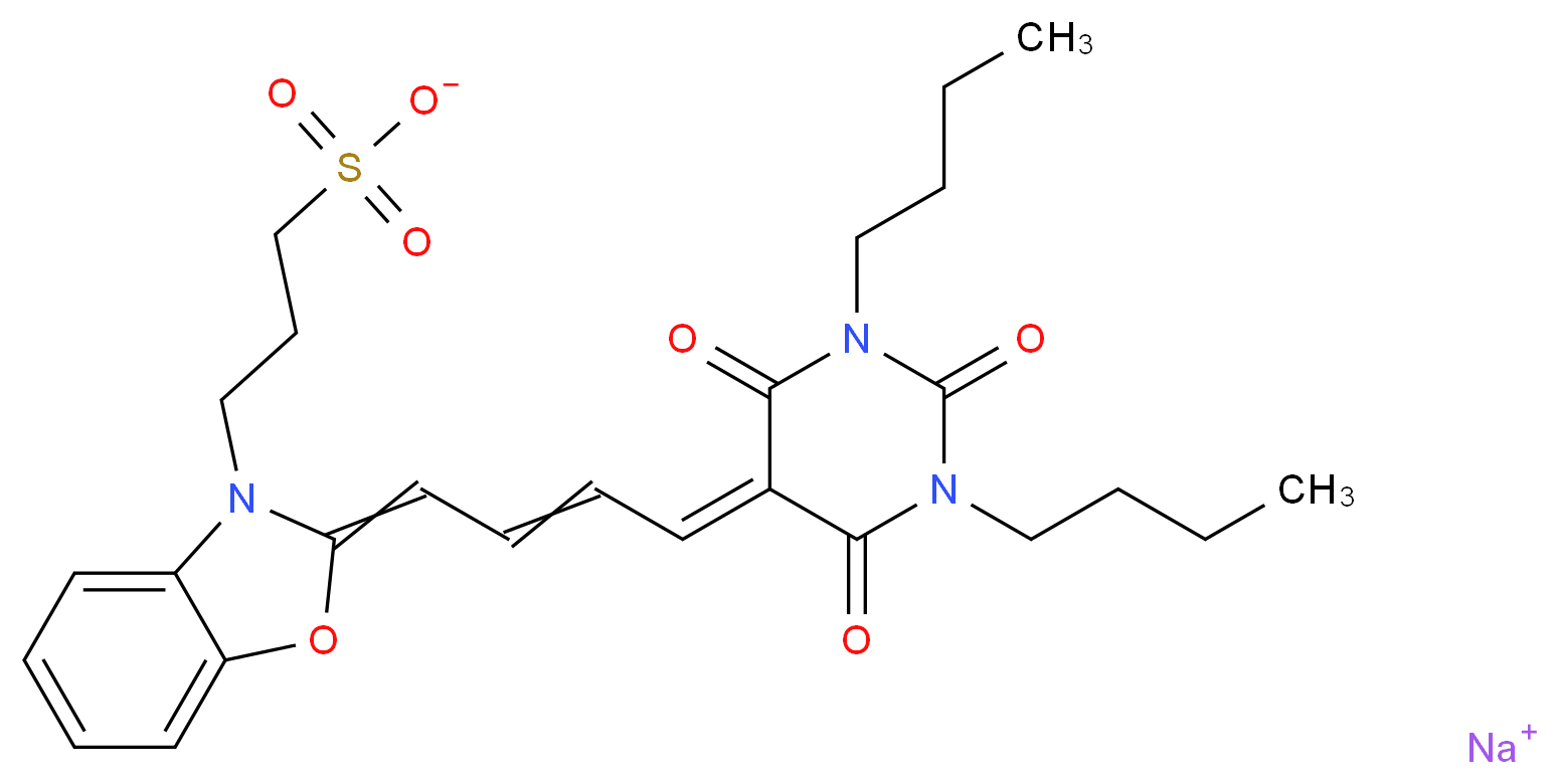 sodium 3-{2-[4-(1,3-dibutyl-2,4,6-trioxo-1,3-diazinan-5-ylidene)but-2-en-1-ylidene]-2,3-dihydro-1,3-benzoxazol-3-yl}propane-1-sulfonate_分子结构_CAS_58823-12-4