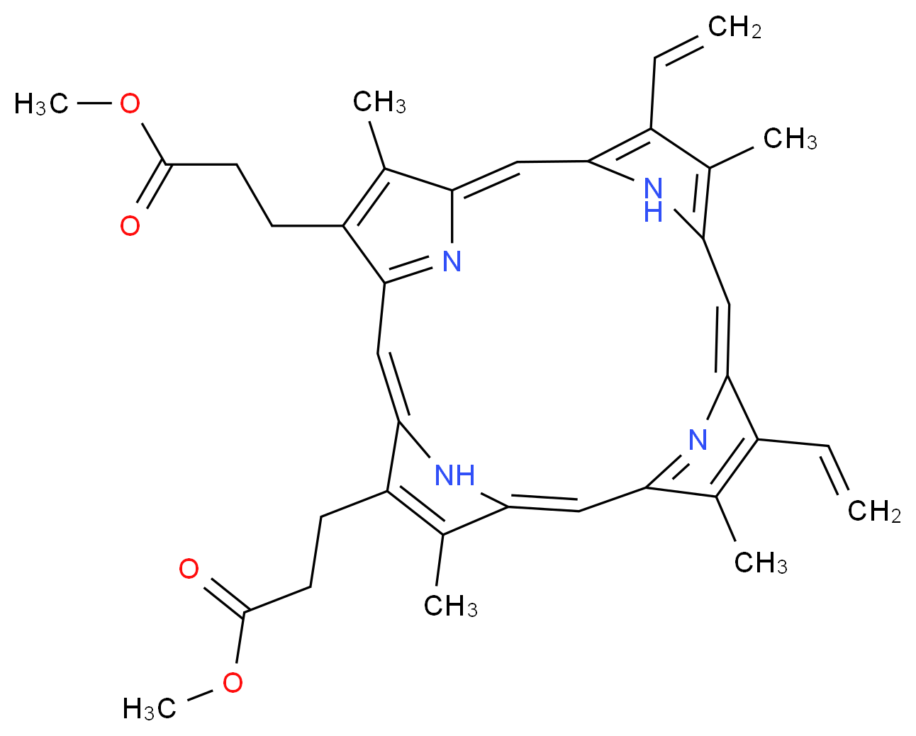 methyl 3-[10,15-diethenyl-20-(3-methoxy-3-oxopropyl)-5,9,14,19-tetramethyl-21,22,23,24-tetraazapentacyclo[16.2.1.1^{3,6}.1^{8,11}.1^{13,16}]tetracosa-1(21),2,4,6,8(23),9,11,13,15,17,19-undecaen-4-yl]propanoate_分子结构_CAS_5522-66-7