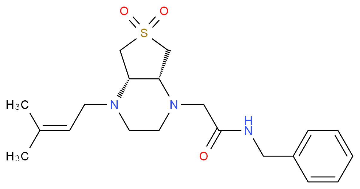 N-benzyl-2-[(4aS*,7aR*)-4-(3-methylbut-2-en-1-yl)-6,6-dioxidohexahydrothieno[3,4-b]pyrazin-1(2H)-yl]acetamide_分子结构_CAS_)