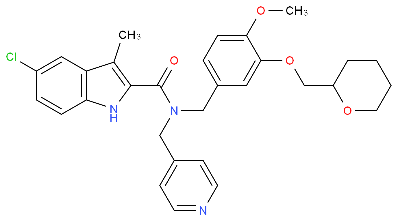 5-chloro-N-[4-methoxy-3-(tetrahydro-2H-pyran-2-ylmethoxy)benzyl]-3-methyl-N-(4-pyridinylmethyl)-1H-indole-2-carboxamide_分子结构_CAS_)