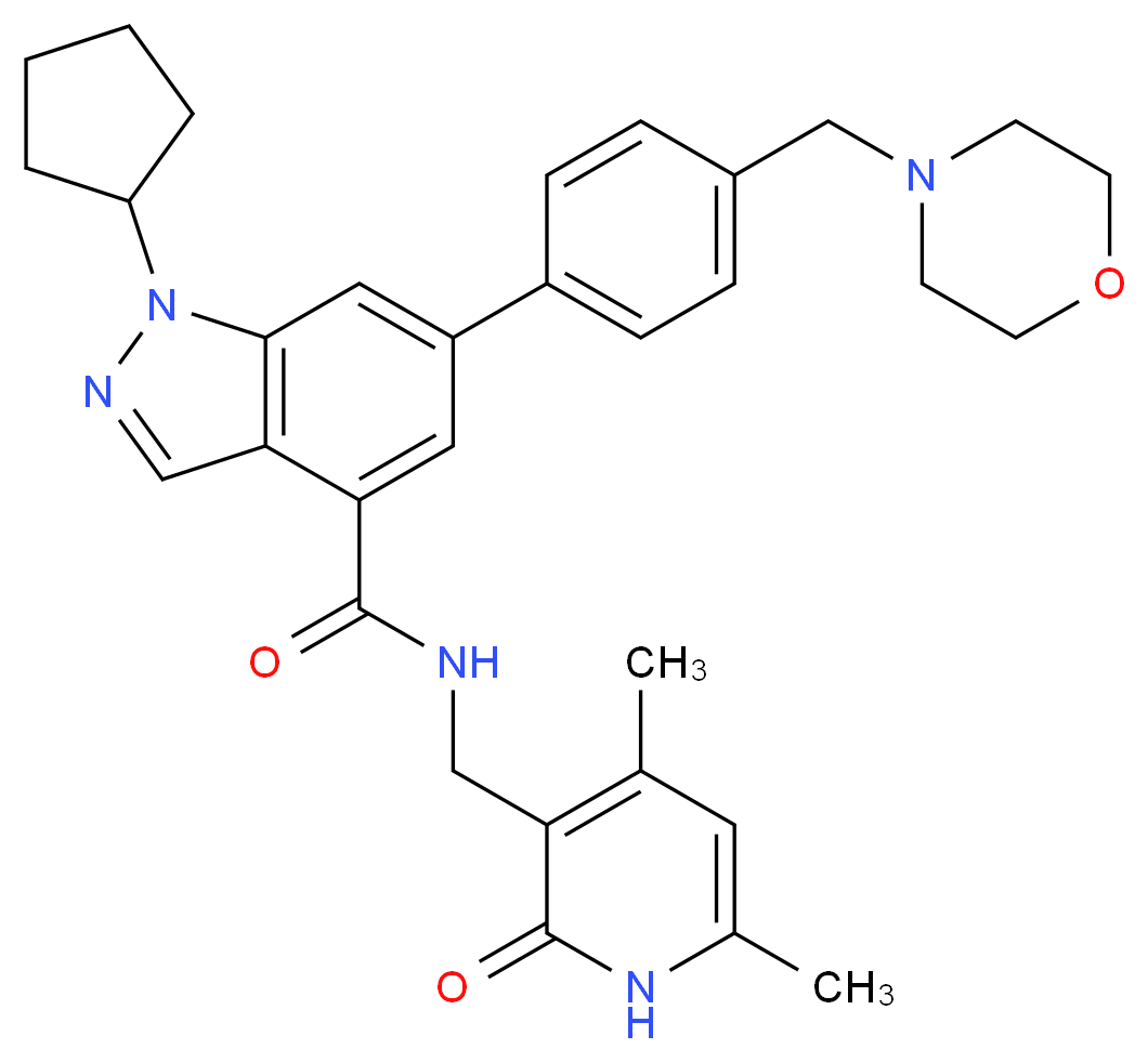 1-cyclopentyl-N-[(4,6-dimethyl-2-oxo-1,2-dihydropyridin-3-yl)methyl]-6-[4-(morpholin-4-ylmethyl)phenyl]-1H-indazole-4-carboxamide_分子结构_CAS_1396772-26-1