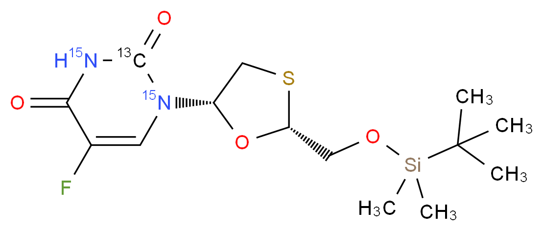 1-[(2R,5S)-2-{[(tert-butyldimethylsilyl)oxy]methyl}-1,3-oxathiolan-5-yl]-5-fluoro-1,2,3,4-tetrahydro(2-<sup>1</sup><sup>3</sup>C,1,3-<sup>1</sup><sup>5</sup>N<sub>2</sub>)pyrimidine-2,4-dione_分子结构_CAS_1217650-77-5