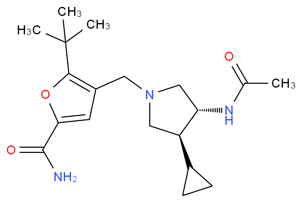 4-{[(3R*,4S*)-3-(acetylamino)-4-cyclopropyl-1-pyrrolidinyl]methyl}-5-tert-butyl-2-furamide_分子结构_CAS_)