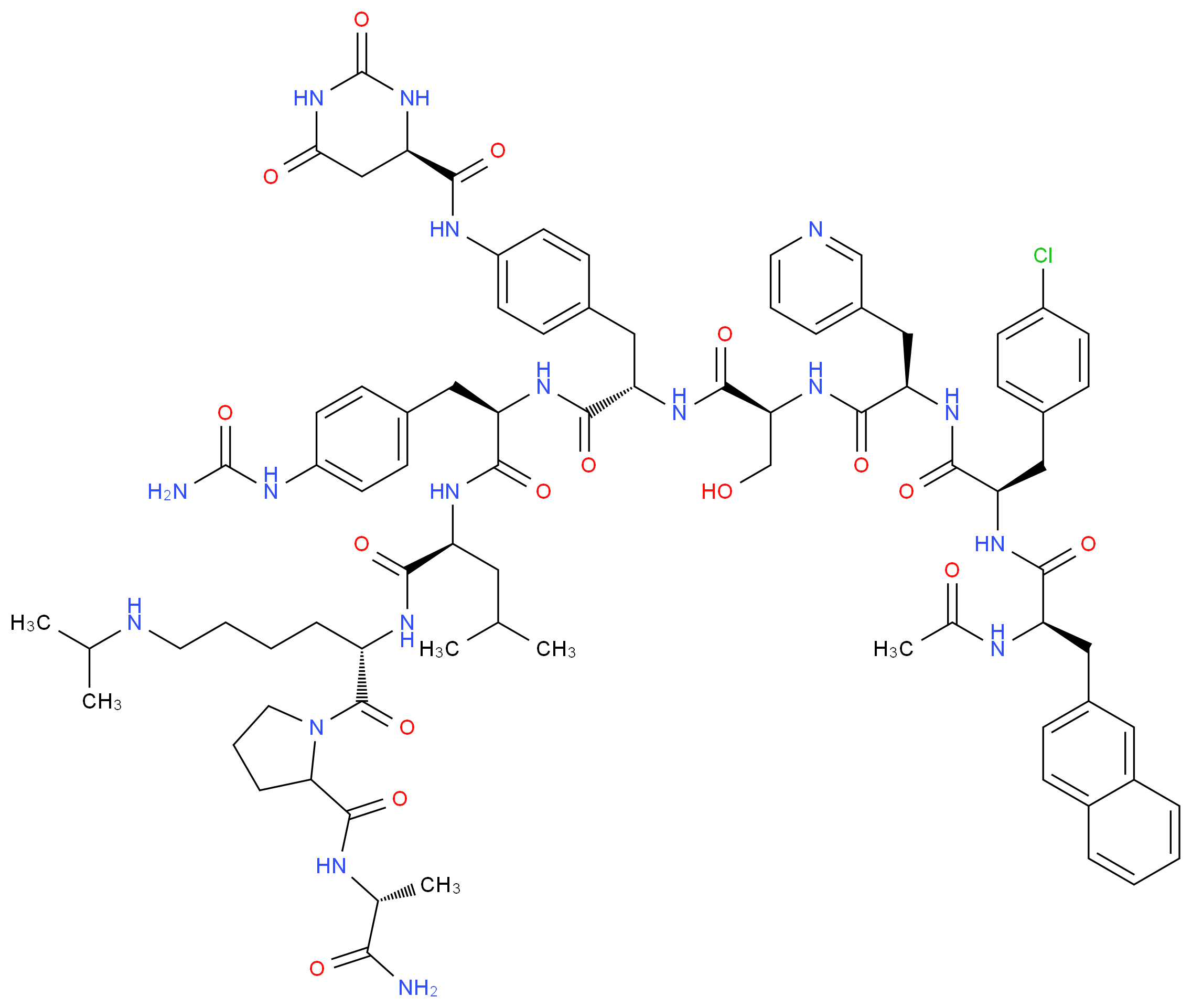 (4R)-N-{4-[(2S)-2-{[(1R)-2-[4-(carbamoylamino)phenyl]-1-{[(1S)-1-{[(2S)-1-(2-{[(1R)-1-carbamoylethyl]carbamoyl}pyrrolidin-1-yl)-1-oxo-6-[(propan-2-yl)amino]hexan-2-yl]carbamoyl}-3-methylbutyl]carbamoyl}ethyl]carbamoyl}-2-[(2S)-2-[(2R)-2-[(2R)-3-(4-chlorophenyl)-2-[(2R)-2-acetamido-3-(naphthalen-2-yl)propanamido]propanamido]-3-(pyridin-3-yl)propanamido]-3-hydroxypropanamido]ethyl]phenyl}-2,6-dioxo-1,3-diazinane-4-carboxamide_分子结构_CAS_214766-78-6