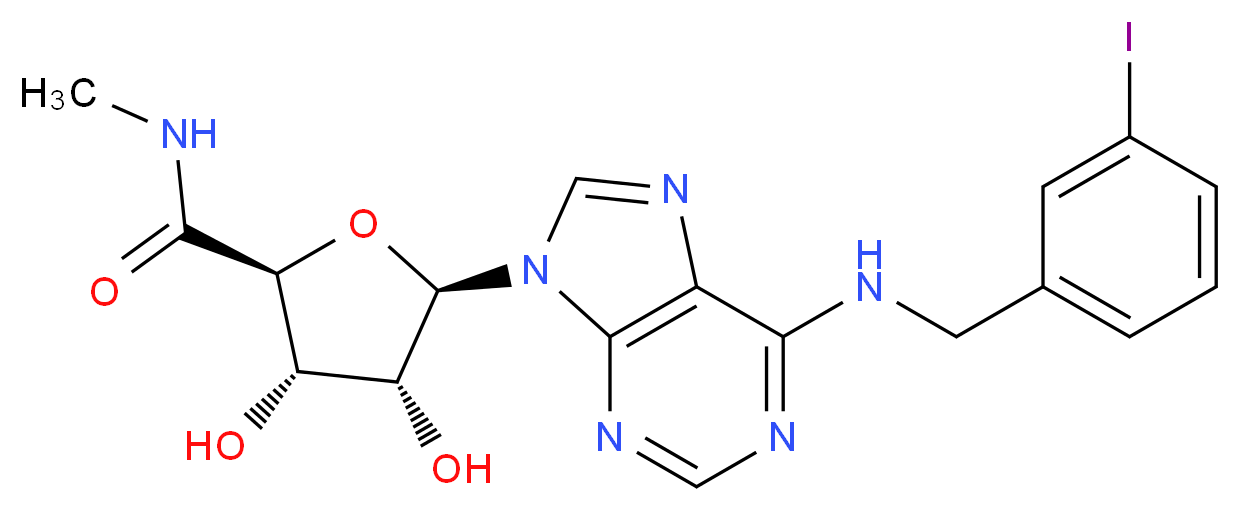 (2S,3S,4R,5R)-3,4-dihydroxy-5-(6-{[(3-iodophenyl)methyl]amino}-9H-purin-9-yl)-N-methyloxolane-2-carboxamide_分子结构_CAS_152918-18-8