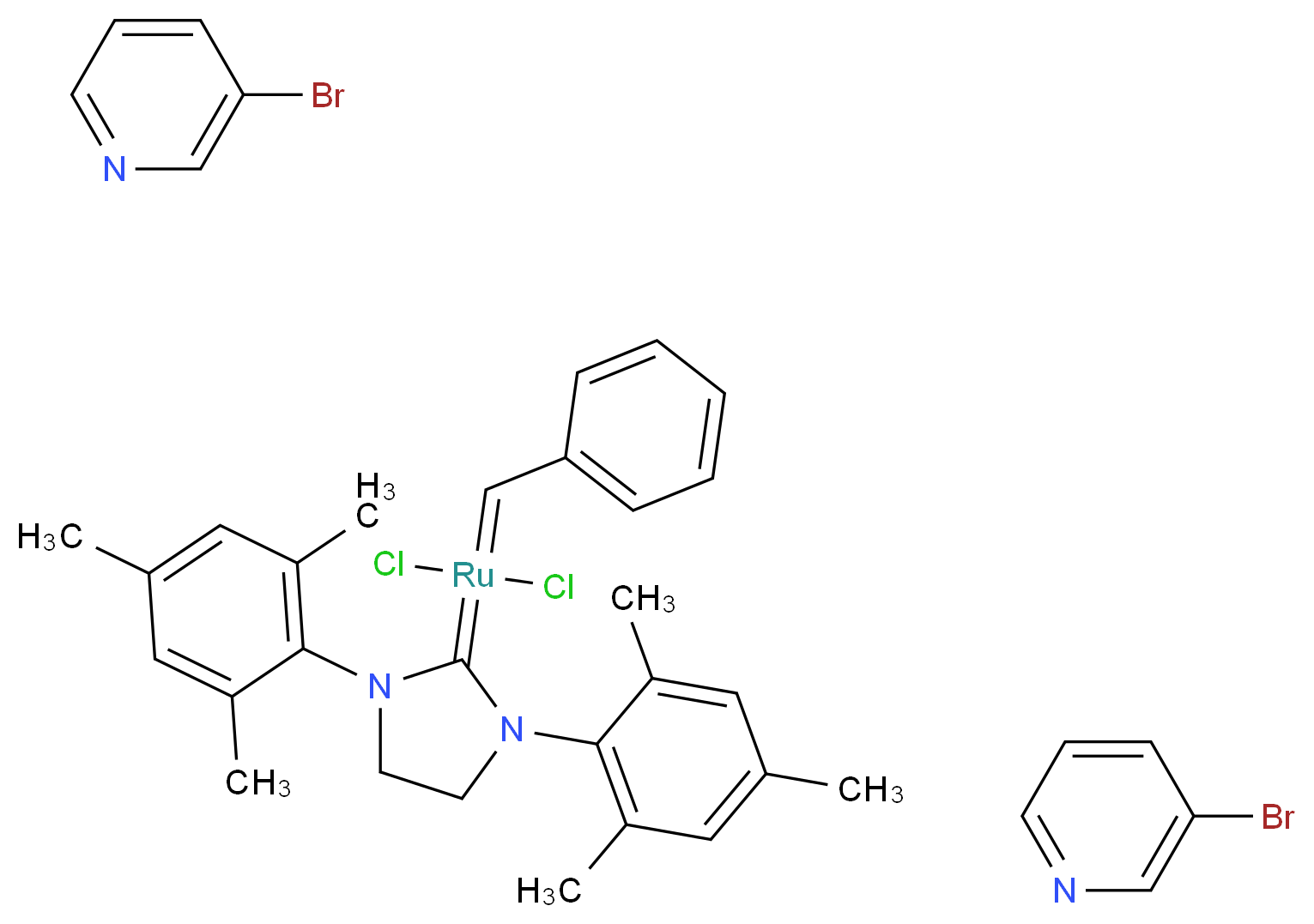 二氯[1,3-双(2,4,6-三甲基苯基)-2-咪唑烷亚基](亚苄基)双(3-溴吡啶)钌(II)_分子结构_CAS_900169-53-1)