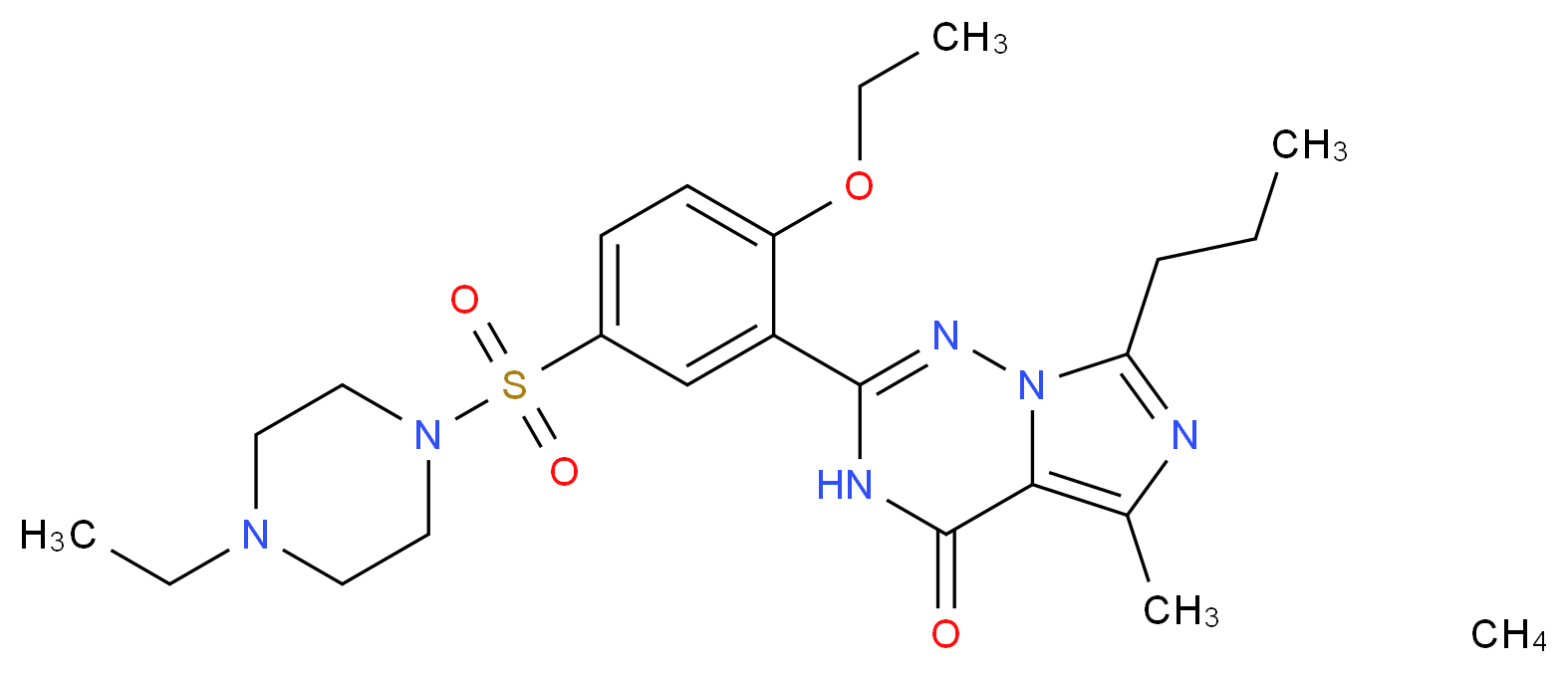 2-{2-ethoxy-5-[(4-ethylpiperazin-1-yl)sulfonyl]phenyl}-5-methyl-7-propyl-3H,4H-imidazo[4,3-f][1,2,4]triazin-4-one; methane_分子结构_CAS_224789-15-5