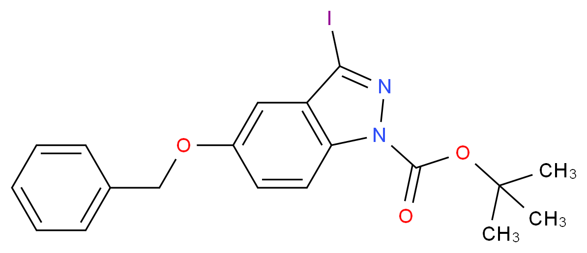 1H-INDAZOLE-1-CARBOXYLIC ACID, 3-IODO-5-(PHENYLMETHOXY)-, 1,1-DIMETHYLETHYL ESTER_分子结构_CAS_854633-04-8)