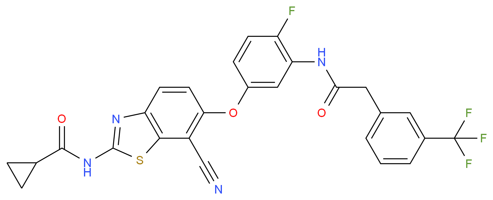 N-[7-cyano-6-(4-fluoro-3-{2-[3-(trifluoromethyl)phenyl]acetamido}phenoxy)-1,3-benzothiazol-2-yl]cyclopropanecarboxamide_分子结构_CAS_1228591-30-7