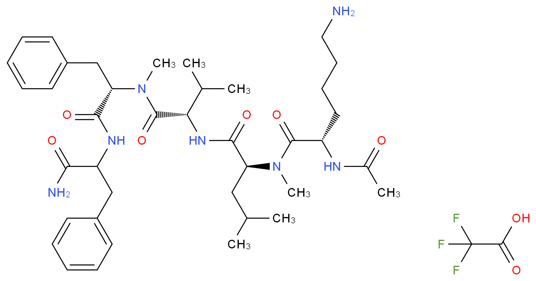 (2S)-6-amino-N-[(1S)-1-{[(1S)-1-{[(1S)-1-[(1-carbamoyl-2-phenylethyl)carbamoyl]-2-phenylethyl](methyl)carbamoyl}-2-methylpropyl]carbamoyl}-3-methylbutyl]-2-acetamido-N-methylhexanamide; trifluoroacetic acid_分子结构_CAS_461640-33-5