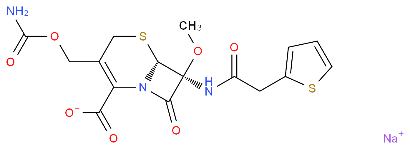 sodium (6R,7S)-3-[(carbamoyloxy)methyl]-7-methoxy-8-oxo-7-[2-(thiophen-2-yl)acetamido]-5-thia-1-azabicyclo[4.2.0]oct-2-ene-2-carboxylate_分子结构_CAS_33564-30-6