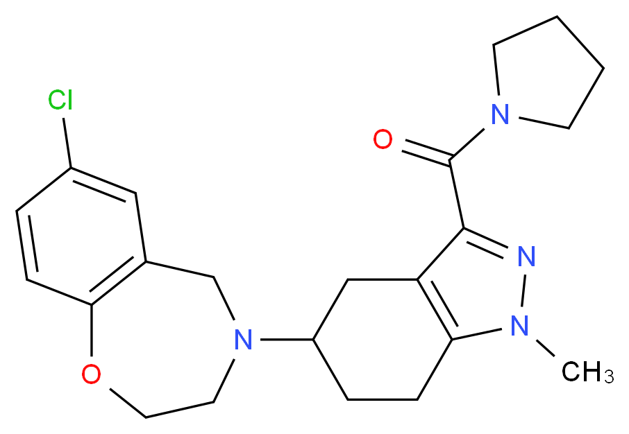 7-chloro-4-[1-methyl-3-(1-pyrrolidinylcarbonyl)-4,5,6,7-tetrahydro-1H-indazol-5-yl]-2,3,4,5-tetrahydro-1,4-benzoxazepine_分子结构_CAS_)