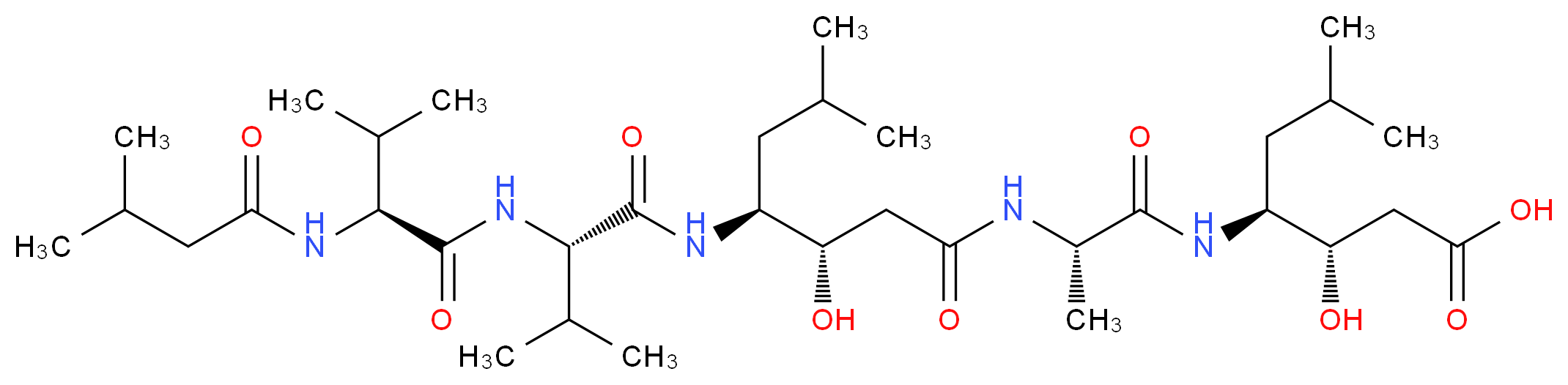 (3S,4S)-3-hydroxy-4-[(2S)-2-[(3S,4S)-3-hydroxy-6-methyl-4-[(2S)-3-methyl-2-[(2S)-3-methyl-2-(3-methylbutanamido)butanamido]butanamido]heptanamido]propanamido]-6-methylheptanoic acid_分子结构_CAS_26305-03-3