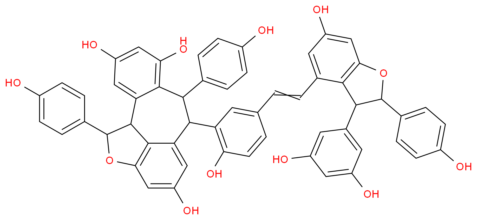 9-(5-{2-[3-(3,5-dihydroxyphenyl)-6-hydroxy-2-(4-hydroxyphenyl)-2,3-dihydro-1-benzofuran-4-yl]ethenyl}-2-hydroxyphenyl)-8,16-bis(4-hydroxyphenyl)-15-oxatetracyclo[8.6.1.0<sup>2</sup>,<sup>7</sup>.0<sup>1</sup><sup>4</sup>,<sup>1</sup><sup>7</sup>]heptadeca-2,4,6,10,12,14(17)-hexaene-4,6,12-triol_分子结构_CAS_142449-89-6