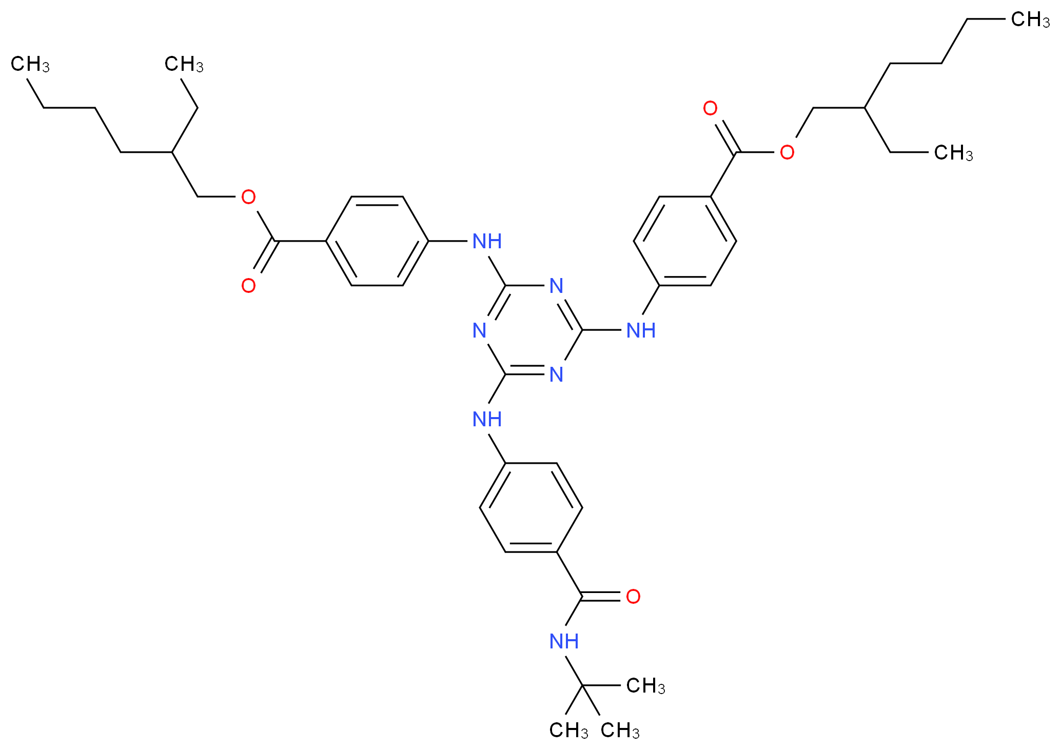 2-ethylhexyl 4-[(4-{[4-(tert-butylcarbamoyl)phenyl]amino}-6-[(4-{[(2-ethylhexyl)oxy]carbonyl}phenyl)amino]-1,3,5-triazin-2-yl)amino]benzoate_分子结构_CAS_154702-15-5