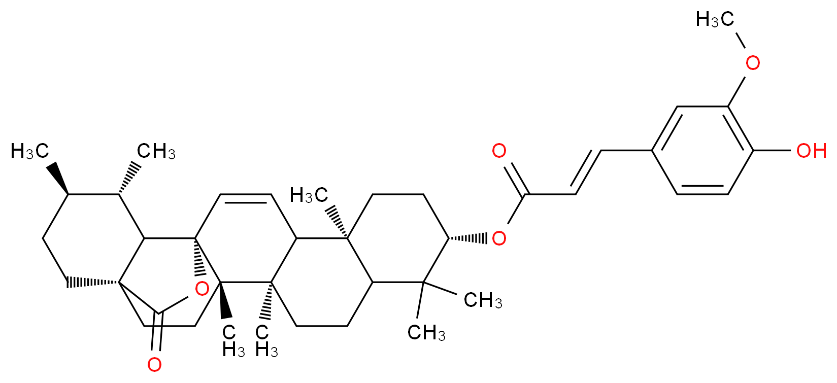 (1S,4S,5R,10S,13S,17S,19S,20R)-4,5,9,9,13,19,20-heptamethyl-23-oxo-24-oxahexacyclo[15.5.2.0<sup>1</sup>,<sup>1</sup><sup>8</sup>.0<sup>4</sup>,<sup>1</sup><sup>7</sup>.0<sup>5</sup>,<sup>1</sup><sup>4</sup>.0<sup>8</sup>,<sup>1</sup><sup>3</sup>]tetracos-15-en-10-yl (2E)-3-(4-hydroxy-3-methoxyphenyl)prop-2-enoate_分子结构_CAS_149751-81-5