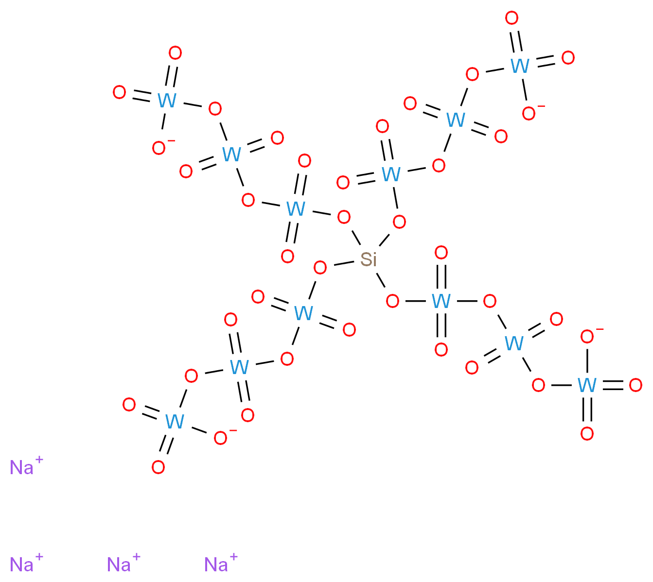 tetrasodium 5-({1,13-dioxido-7-[(5-oxido-1,1,3,3,5,5-hexaoxotritungstoxan-1-yl)oxy]-1,1,3,3,5,5,9,9,11,11,13,13-dodecaoxo-2,4,6,8,10,12-hexaoxa-7-sila-1,3,5,9,11,13-hexatungstatridecan-7-yl}oxy)-3,3,5,5-tetraoxotritungstoxan-1-oylolate_分子结构_CAS_12027-47-3