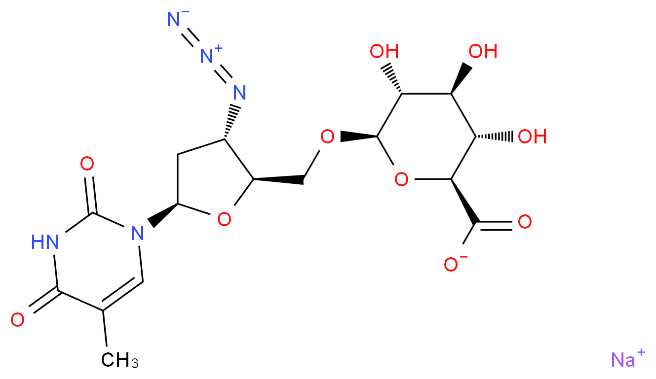 sodium (2S,3S,4S,5R,6R)-6-{[(2S,3S,5R)-3-azido-5-(5-methyl-2,4-dioxo-1,2,3,4-tetrahydropyrimidin-1-yl)oxolan-2-yl]methoxy}-3,4,5-trihydroxyoxane-2-carboxylate_分子结构_CAS_133525-01-6