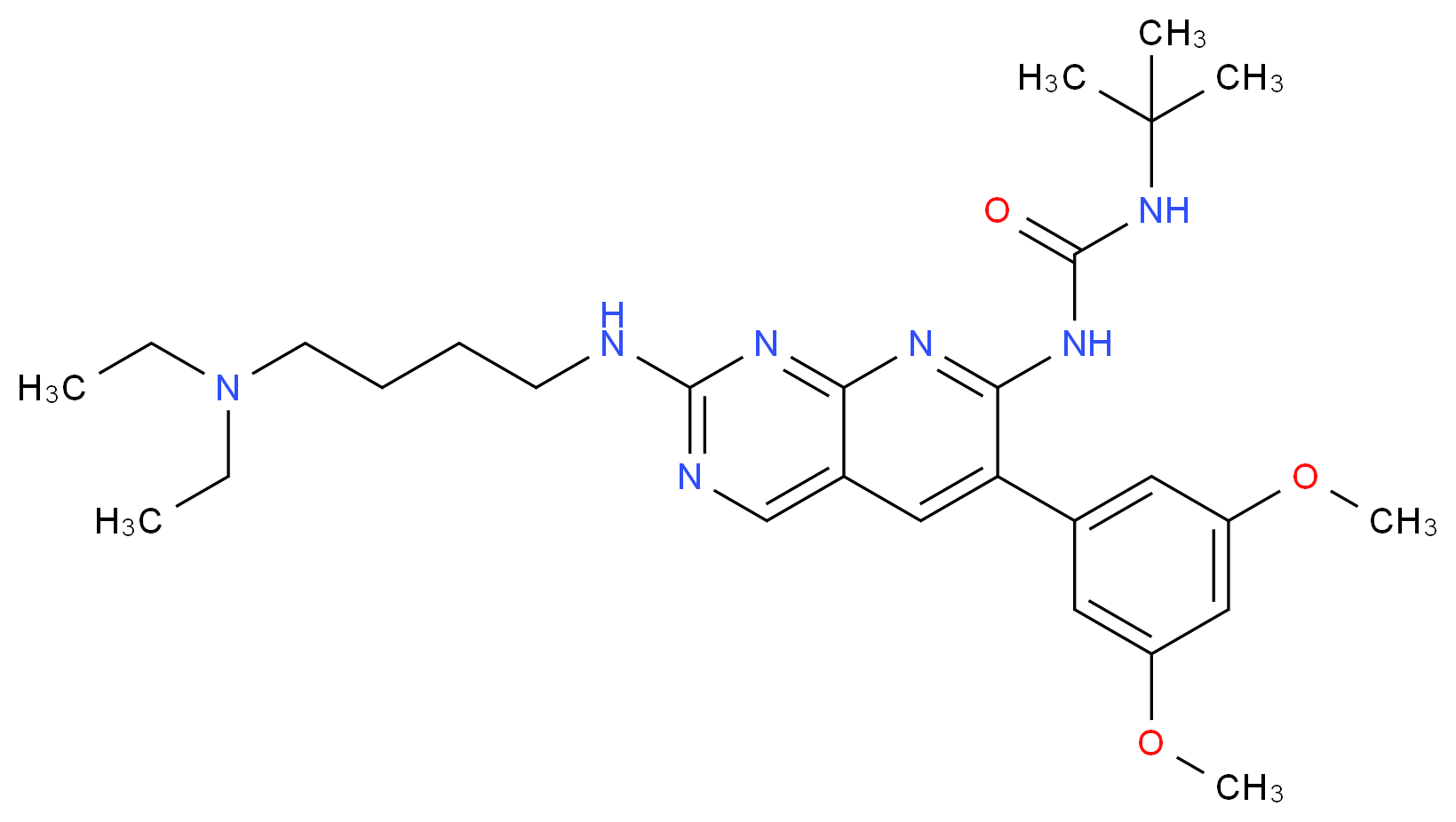 3-tert-butyl-1-(2-{[4-(diethylamino)butyl]amino}-6-(3,5-dimethoxyphenyl)pyrido[2,3-d]pyrimidin-7-yl)urea_分子结构_CAS_219580-11-7