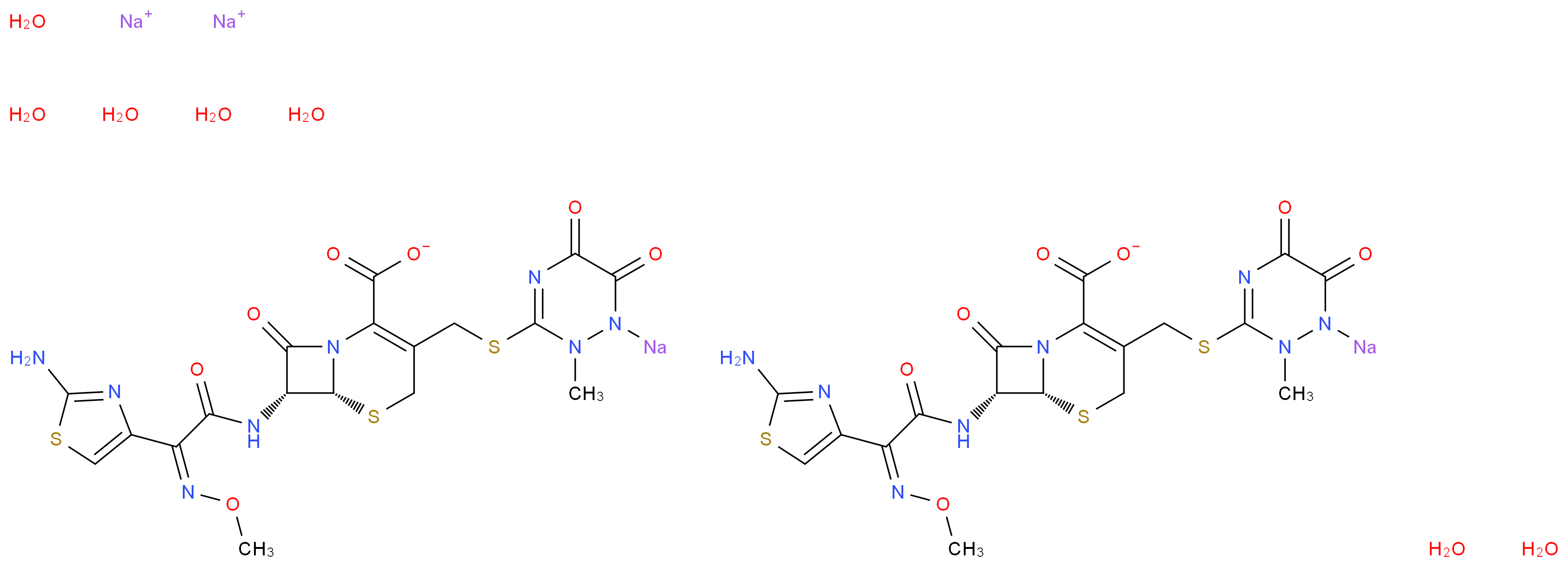 disodium bis((6R,7R)-7-[(2Z)-2-(2-amino-1,3-thiazol-4-yl)-2-(methoxyimino)acetamido]-3-{[(2-methyl-5,6-dioxo-1-sodio-1,2,5,6-tetrahydro-1,2,4-triazin-3-yl)sulfanyl]methyl}-8-oxo-5-thia-1-azabicyclo[4.2.0]oct-2-ene-2-carboxylate) heptahydrate_分子结构_CAS_104376-79-6