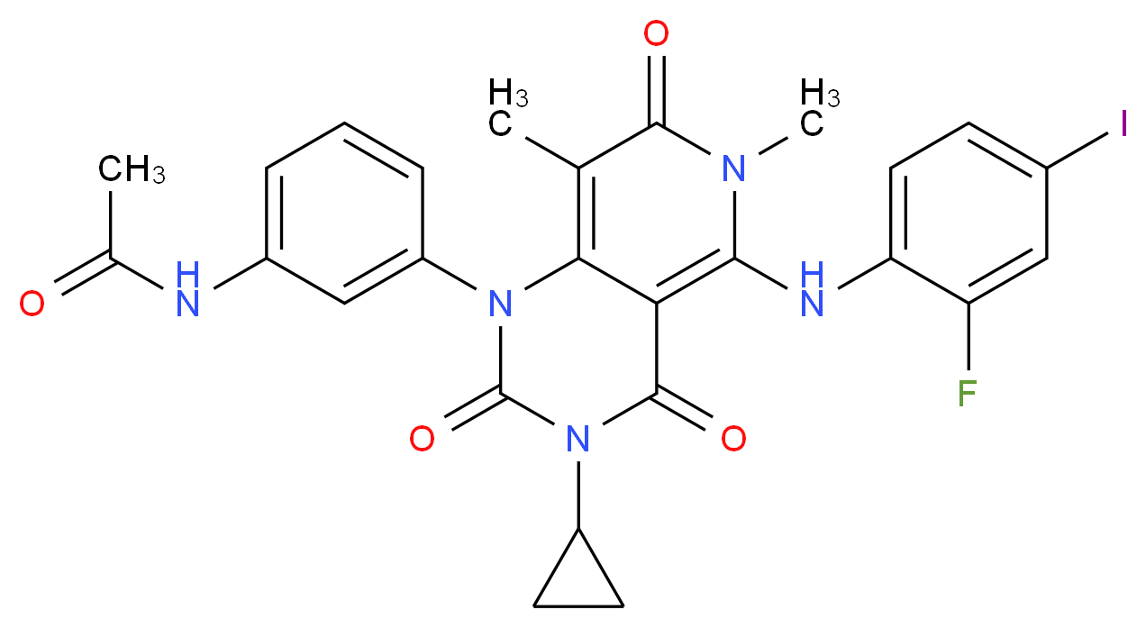 N-(3-{3-cyclopropyl-5-[(2-fluoro-4-iodophenyl)amino]-6,8-dimethyl-2,4,7-trioxo-1H,2H,3H,4H,6H,7H-pyrido[4,3-d]pyrimidin-1-yl}phenyl)acetamide_分子结构_CAS_871700-17-3