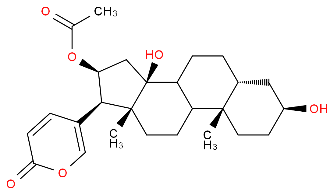 (2S,5S,7R,11S,13S,14S,15R)-5,11-dihydroxy-2,15-dimethyl-14-(2-oxo-2H-pyran-5-yl)tetracyclo[8.7.0.0<sup>2</sup>,<sup>7</sup>.0<sup>1</sup><sup>1</sup>,<sup>1</sup><sup>5</sup>]heptadecan-13-yl acetate_分子结构_CAS_471-95-4