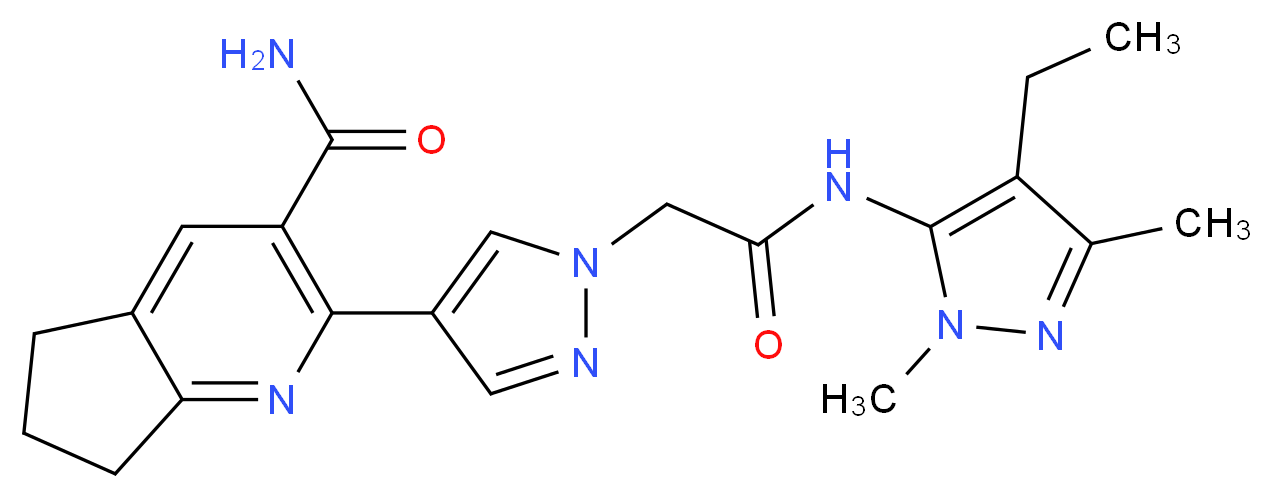 2-(1-{2-[(4-ethyl-1,3-dimethyl-1H-pyrazol-5-yl)amino]-2-oxoethyl}-1H-pyrazol-4-yl)-6,7-dihydro-5H-cyclopenta[b]pyridine-3-carboxamide_分子结构_CAS_)