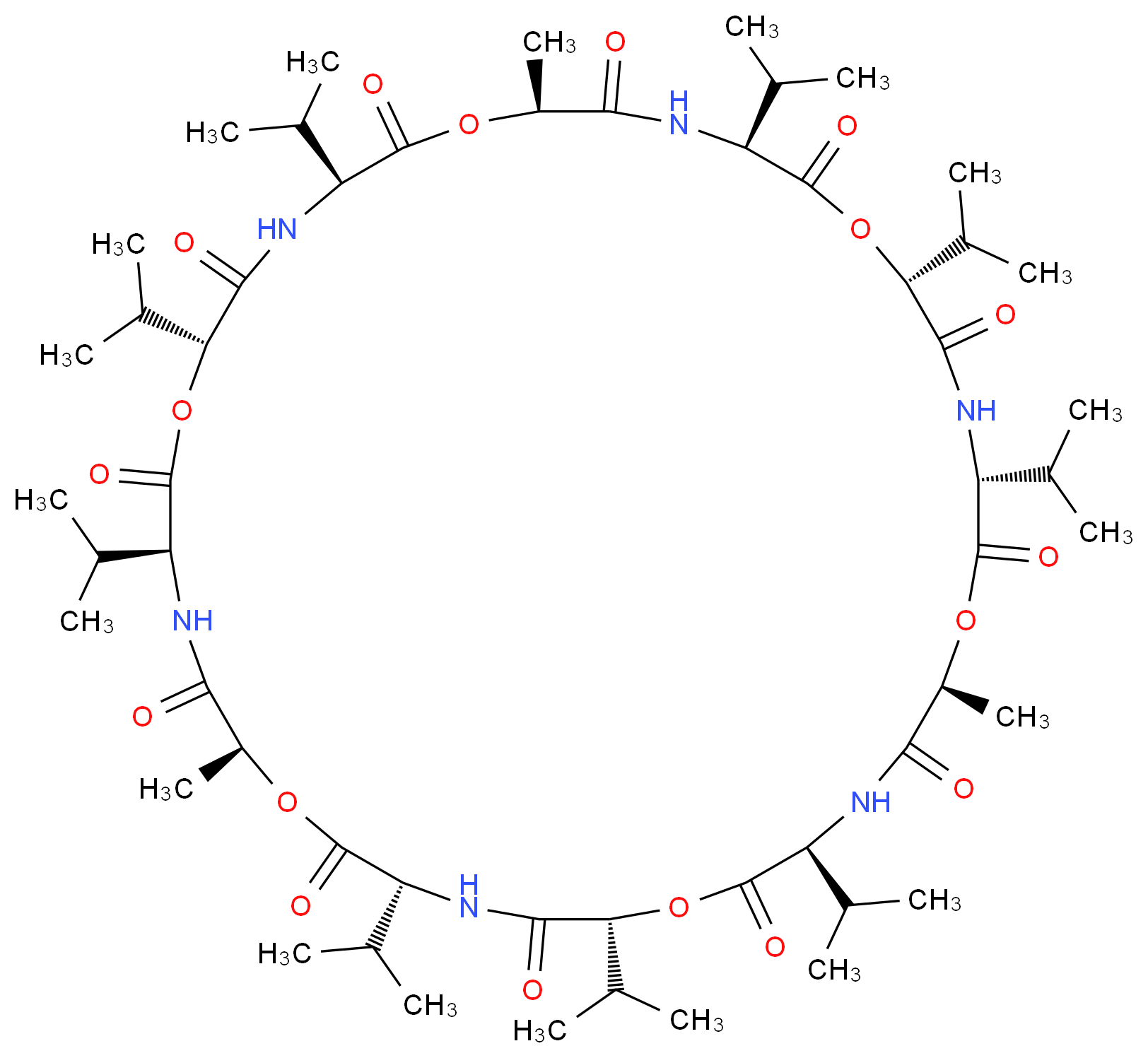 (3S,6S,9S,12R,15S,18S,21R,24R,27S,30S,33R,36R)-6,18,30-trimethyl-3,9,12,15,21,24,27,33,36-nonakis(propan-2-yl)-1,7,13,19,25,31-hexaoxa-4,10,16,22,28,34-hexaazacyclohexatriacontane-2,5,8,11,14,17,20,23,26,29,32,35-dodecone_分子结构_CAS_2001-95-8