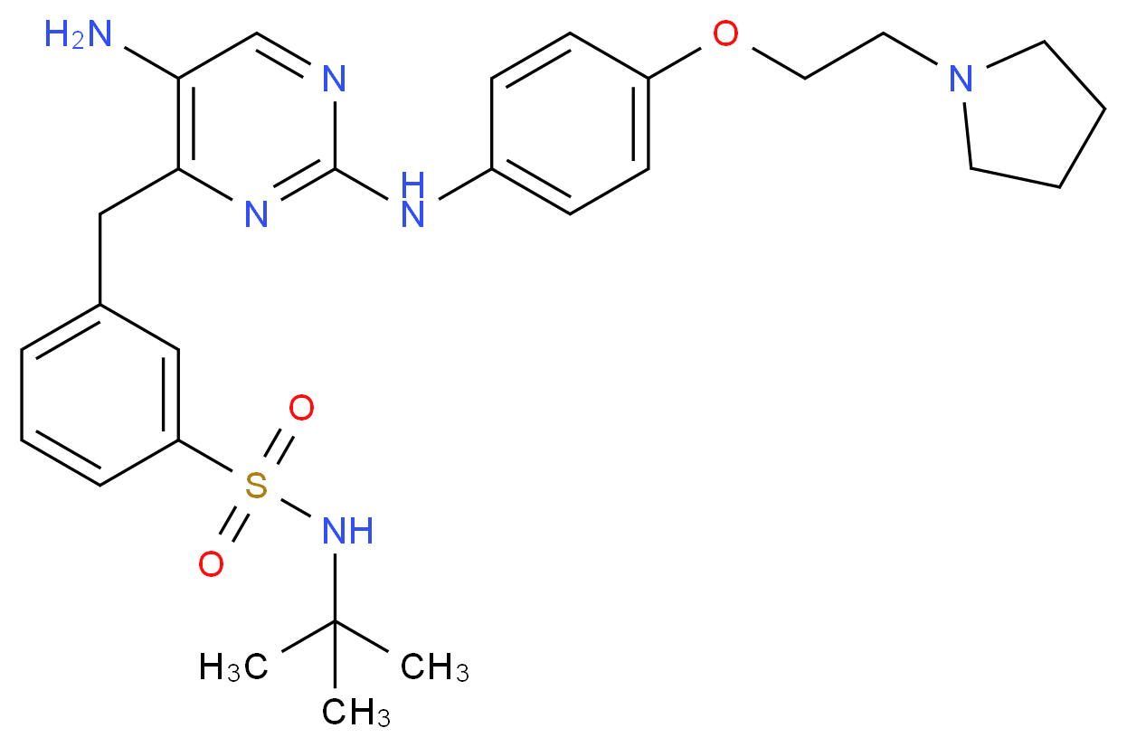 3-{[5-amino-2-({4-[2-(pyrrolidin-1-yl)ethoxy]phenyl}amino)pyrimidin-4-yl]methyl}-N-tert-butylbenzene-1-sulfonamide_分子结构_CAS_936091-26-8