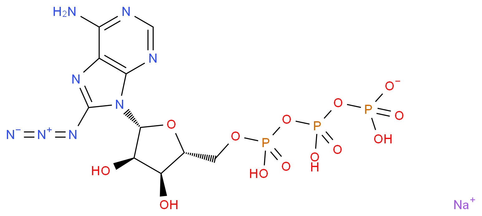 sodium (2R,3R,4S,5R)-2-(6-amino-8-azido-9H-purin-9-yl)-5-{[({[(hydrogen phosphonatooxy)(hydroxy)phosphoryl]oxy}(hydroxy)phosphoryl)oxy]methyl}oxolane-3,4-diol_分子结构_CAS_53696-59-6