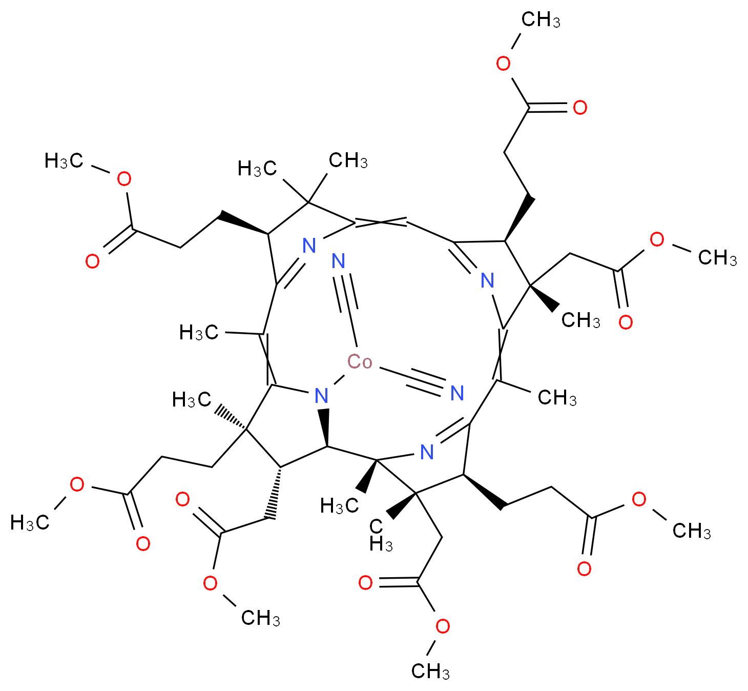 [(1R,2R,3S,4S,8S,9S,14S,18R,19R)-3,8,19-tris(2-methoxy-2-oxoethyl)-4,9,14,18-tetrakis(3-methoxy-3-oxopropyl)-2,3,6,8,13,13,16,18-octamethyl-20,21,22,23-tetraazapentacyclo[15.2.1.1<sup>2</sup>,<sup>5</sup>.1<sup>7</sup>,<sup>1</sup><sup>0</sup>.1<sup>1</sup><sup>2</sup>,<sup>1</sup><sup>5</sup>]tricosa-5(23),6,10(22),11,15(21),16-hexaen-20-yl]cobaltdicarbonitrile_分子结构_CAS_36522-80-2