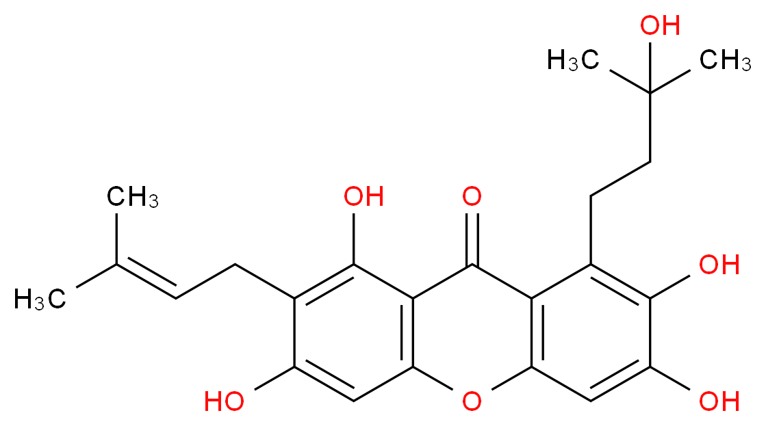 1,3,6,7-tetrahydroxy-8-(3-hydroxy-3-methylbutyl)-2-(3-methylbut-2-en-1-yl)-9H-xanthen-9-one_分子结构_CAS_76996-27-5
