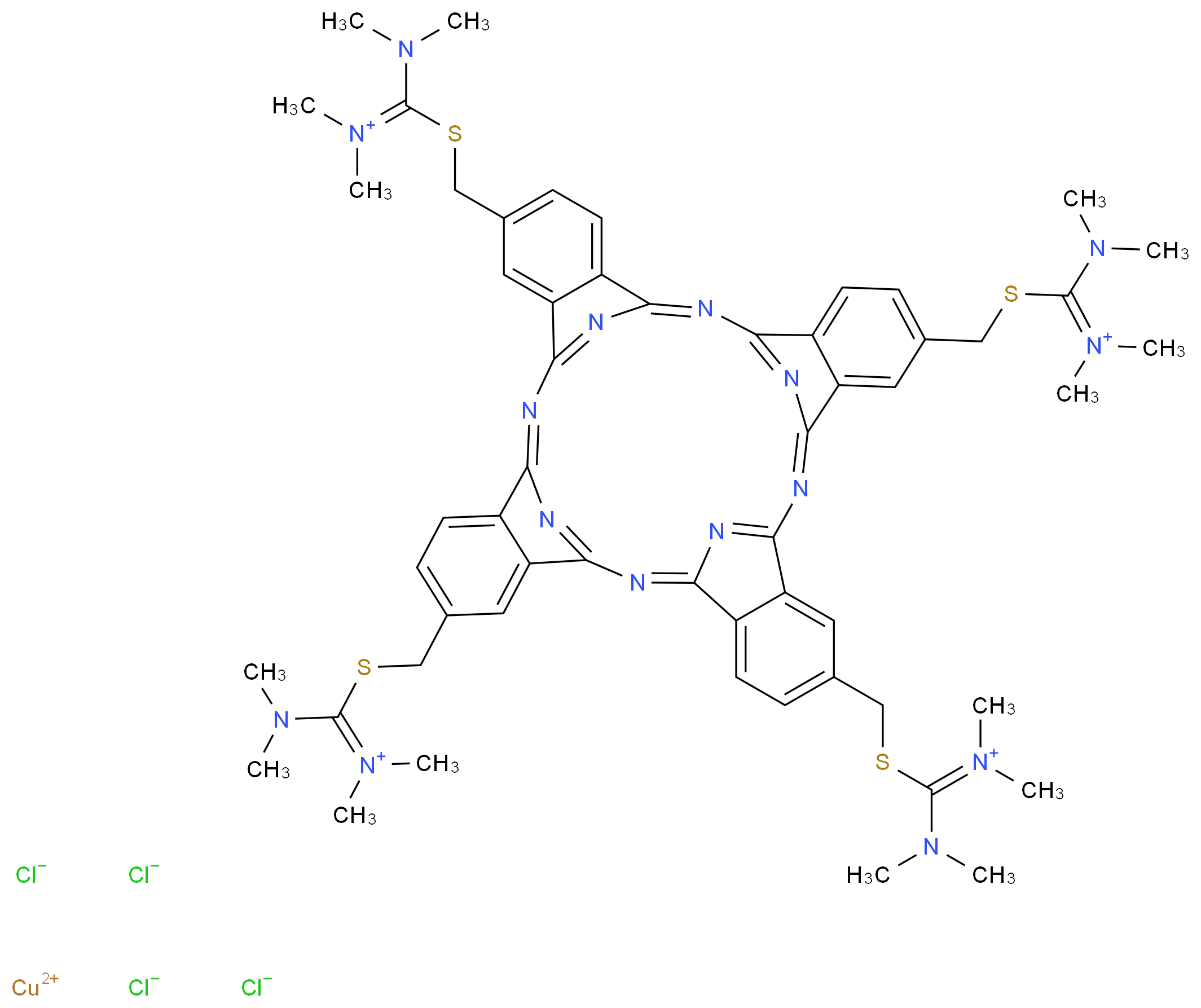 copper(2+) ion [(dimethylamino)({[16,24,33-tris({[(dimethylamino)(dimethyliminiumyl)methyl]sulfanyl}methyl)-2,11,20,29,37,38,39,40-octaazanonacyclo[28.6.1.1<sup>3</sup>,<sup>1</sup><sup>0</sup>.1<sup>1</sup><sup>2</sup>,<sup>1</sup><sup>9</sup>.1<sup>2</sup><sup>1</sup>,<sup>2</sup><sup>8</sup>.0<sup>4</sup>,<sup>9</sup>.0<sup>1</sup><sup>3</sup>,<sup>1</sup><sup>8</sup>.0<sup>2</sup><sup>2</sup>,<sup>2</sup><sup>7</sup>.0<sup>3</sup><sup>1</sup>,<sup>3</sup><sup>6</sup>]tetraconta-1,3(40),4,6,8,10,12(39),13,15,17,19,21(38),22,24,26,28,30(37),31,33,35-icosaen-6-yl]methyl}sulfanyl)methylidene]dimethylazanium tetrachloride_分子结构_CAS_33864-99-2