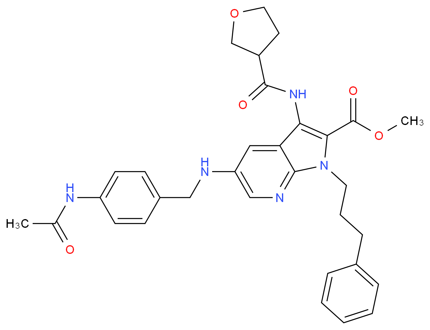 methyl 5-{[4-(acetylamino)benzyl]amino}-1-(3-phenylpropyl)-3-[(tetrahydro-3-furanylcarbonyl)amino]-1H-pyrrolo[2,3-b]pyridine-2-carboxylate_分子结构_CAS_)