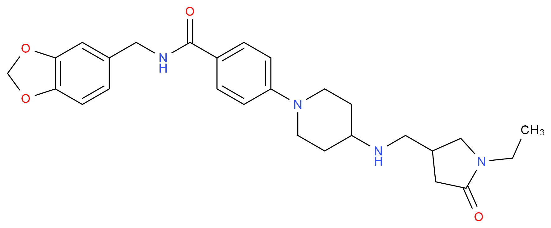 N-(1,3-benzodioxol-5-ylmethyl)-4-(4-{[(1-ethyl-5-oxo-3-pyrrolidinyl)methyl]amino}-1-piperidinyl)benzamide_分子结构_CAS_)